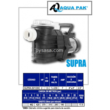 Motobomba para Piscina SUPRA de Aqua Pak, 2 Hp, 230 Volts, 1 Fase